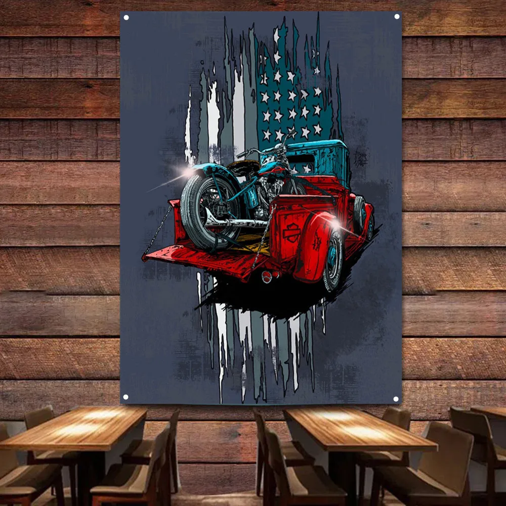 Motorcycle on Car Art Poster W - Auto Repair Shop Banners avis et prix